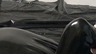 Hot MILF in Red Latex Catsuit Make Him a Hard Blowjob and Big Ejaculation