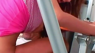 It's hot in the fitness center - Sexy teen with big boobs can be fucked after exercising