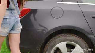 Virgin Arwen Gold doggy pose fucked by the car