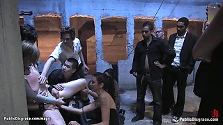 Bound babe group fucked in public 2