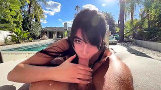 Stunning brunette sucking and fucking POV cock outside