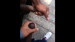 Black amateurs stroke big cocks outdoors