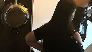 Dominant MILF Stretches Latex Sub's Ass Wide in Kitchen