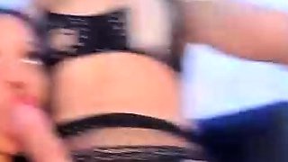 Big tit shemale jerks her long cock