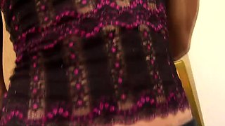 Slim Asian shemale in black lace lingerie teases with her