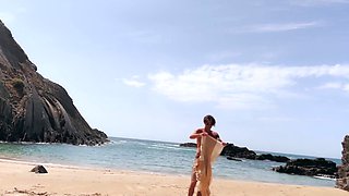 skinny teen gets horny on the public beach