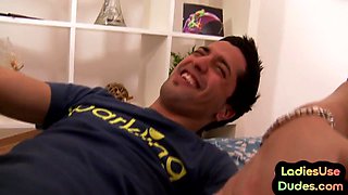 Femdom CFNM amateur sex babes peg sub with dildo in threesome