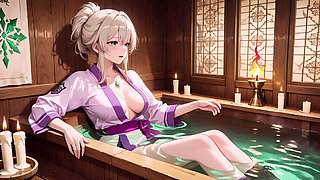 Purple Kimono Warrior! Forbidden Teasing in the Japanese Dojo. Kneeling with a sword, lifting her hem to reveal secrets.