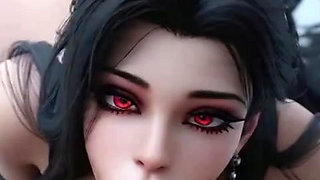 Red-eyed dark-haired sexy vampire - finger sucking, blowjob, anal fucking & cowgirl riding with fangs  ( AI Generated )