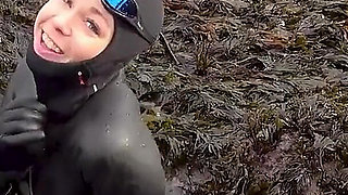 Rubbery Beach Encounter: Lucy's Neoprene Pussy Play with Stranger