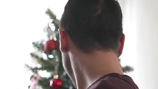 Steamy couch threesome with a Christmas tree