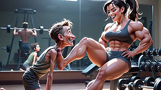 Muscular Woman Humiliates Skinny Man - Foot Worship Domination