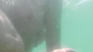 We Got Caught! My Teacher Handjobs My Cock Underwater on Nude Beach