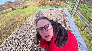 Glasses MILF Saskialove87 Deep Throat Blowjob Outdoor - German Amateur Housewife Swallows Cum