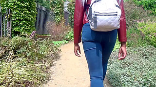 Taller and Slender Black Babe in Tight Jeans Flashes and Changes Outside