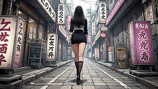 A young Japanese woman urinating in a men's restroom and on the street