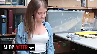 Shoplyfter Brooke Bliss: Petite Teen in Uniform Spreads Legs Over Officer Desk