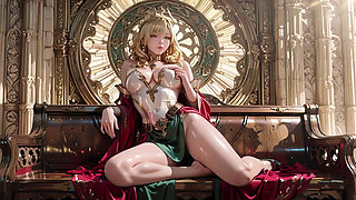 The Golden Queen Arrives! Divine Seduction Under Green-gold Armor, Kneeling and Gazing Back with a Finger to Her Lips.
