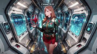 Inside the Sci-Fi Train, she wears a tight green armor, touching her red lips while gazing at the galaxy through the porthole.