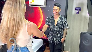 The hotel housekeeper is ready to serve the guy with her tight pussy