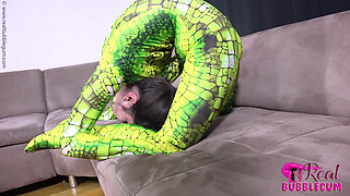 Spineless Lady in Shiny Green Catsuit