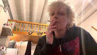 Goth Girl No Makeup Smoking a Cigarette