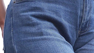 MILF Teasing Her Big Cameltoe in Blue Jeans Outdoors