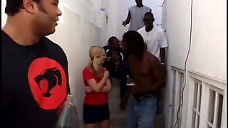 A group of black dudes becomes a group sex party with blonde slut