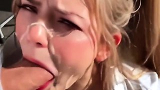 Brunette balcony blowjob, blonde schoolgirl facial