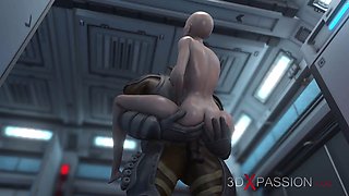 3d monster plays with a young woman in the Mars base camp