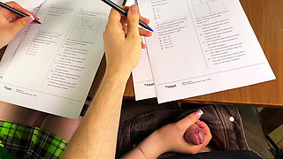 HIGH SCHOOLGIRL at EXAM Jerking him Off under the Table for Right Answers