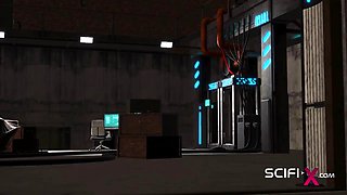 Sci-fi BDSM in the bunker with a sexy young cuffed blonde with many boobs - Big tits