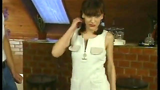 Brunette teen gets spitroasted and jizzed in mouth