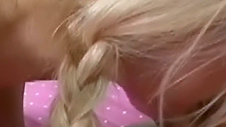 Fingered Deep on the Polka Dot Bed - Two Platinum Blondes Keep Their Pink Heels on