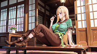 She sips beer while fixing her apron, revealing creamy cleavage.