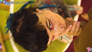 Goth queen teases petite melons & nips then takes aggressive doggystyle, cascading facial