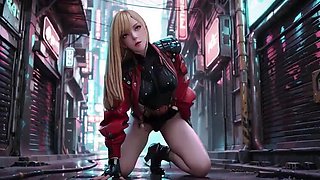 Seductive Cyber Valkyrie Kneels In Black & Red - AI Anime Fingering Tease