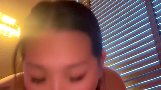 asian mistress gives sloppy dildo blowjob while girlfriend is at work