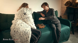 Fur Coat Domina Owns Loser's Massive Cock After Chess - Greedy Handjob, Amazon Ride & Cum Swallowing