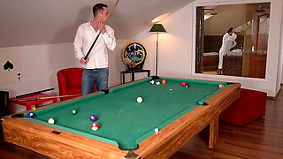 Hot Pool Table Fuck with Stockings and Legs up