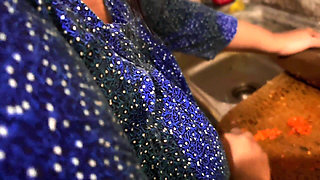 MILF Hot Aunty in Kitchen, She Was Horny When Cocking, I See Her Huge Tits & Big Ass & Start Handjob