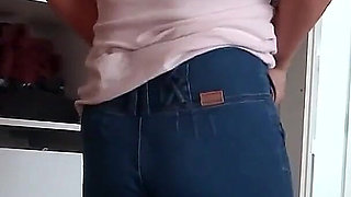 My Stepmother Tries on Jeans While I Masturbate, Admiring Her Big Ass and Hairy Pussy.