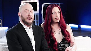 An awesome redhead with tattoos Kalli poon is jumping on a big dick