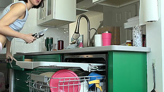 Your Cute Asian GF Unloading the Dishwasher in Panties