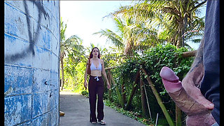 Risky handjob for hot redhead on the walk in the park in public!