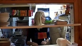 Wild French Babe Pleasing Two Cocks While Working in Kitchen