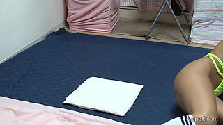 Micro Thong Leotard Wedgie Erotic Fitness Training by Natural Tits and Tanned Japanese Girl Living in Women's Dormitory