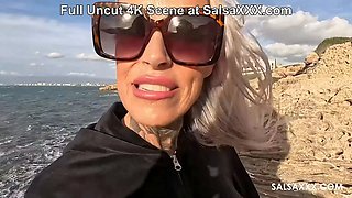 Fuck me on the Beach! Horny MILF Sophie Logan fucked by Jean Pallett at SalsaXXX