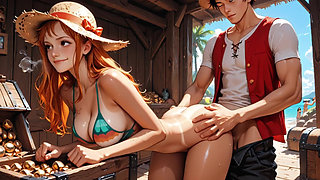 Nami Fucked Hard By Luffy And Zoro - Threesome On The Beach One Piece Uncensored Hentai