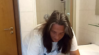 53 Year Old BBW Teases Her Soft Squishy Belly in the Bathroom